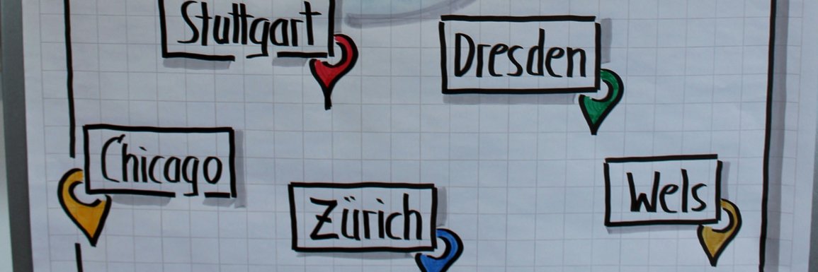 Flipchart mit fünf Städtenamen Flipchart mit fünf Städtenamen