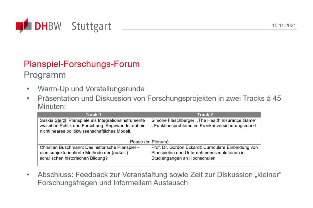Folie mit Agenda des 1. Planspiel-Forschungs-Forums